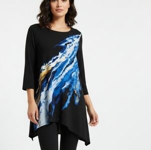 2X Alfani Artistic Black and Blue Long Sleeve Asymmetrical Flowy Top
